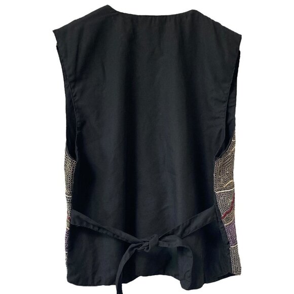 EFFECI Vintage Vest Embroidered Cotton Boho Fish Flowers Black Burgundy - Picture 3 of 11